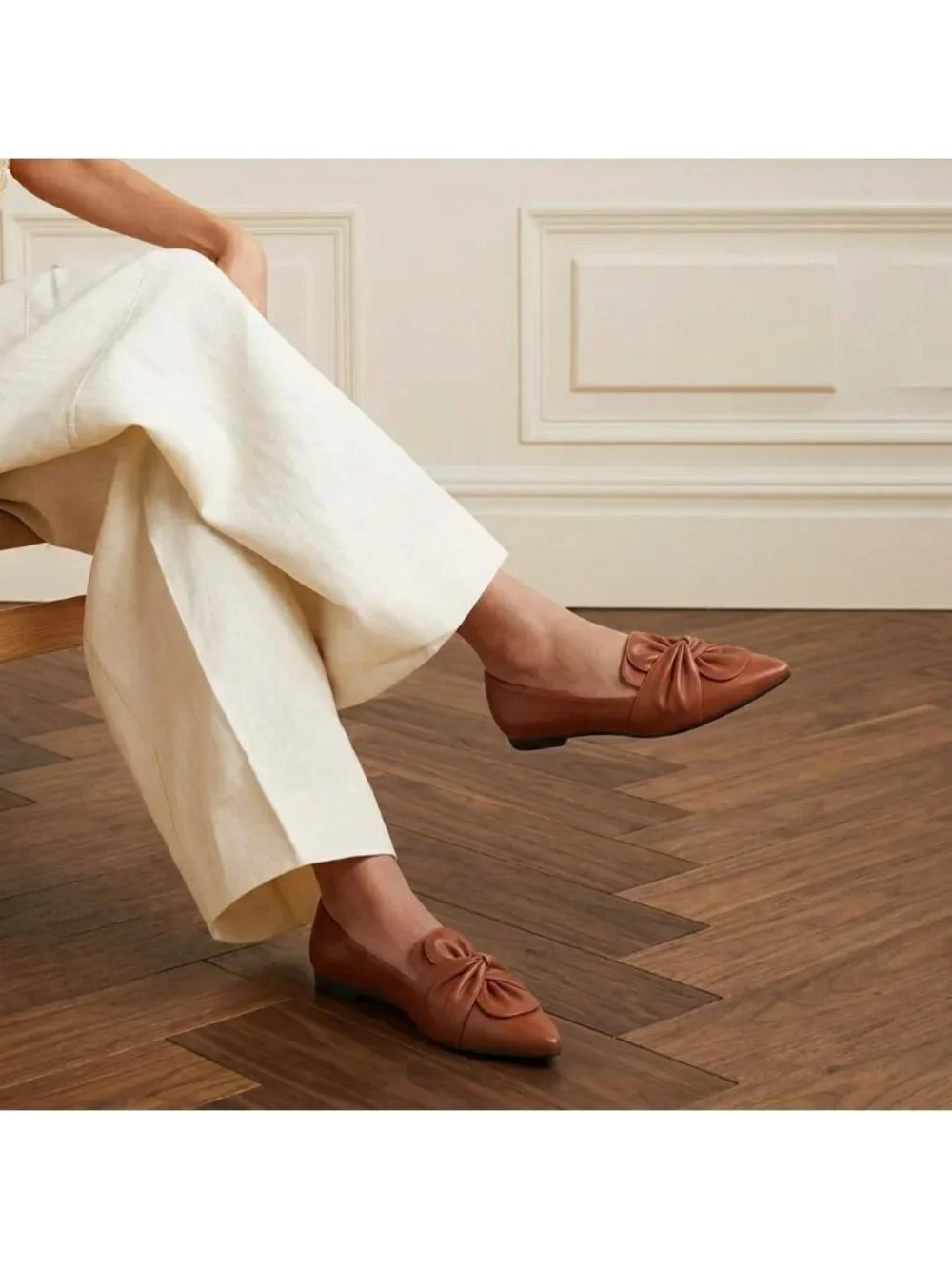 Women's Brown Soft PU Leather Pointed Toe Ballet Flat Non-Slip Rubber Sole Shoes